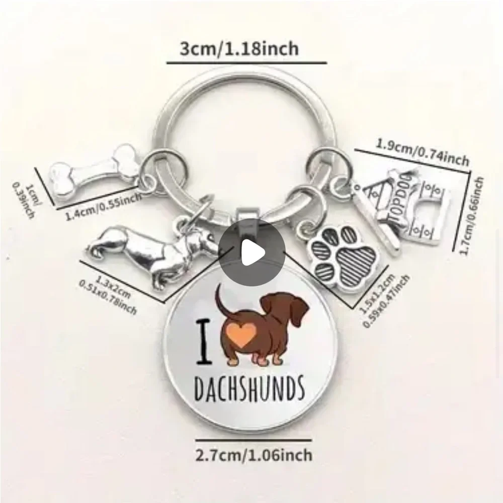 Dachshund Love Charms Key Ring / Keychain - Bone Dig House Paw Print
